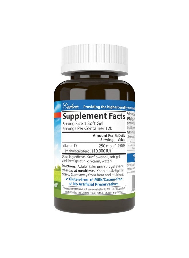 Carlson Vitamin D3 10000 Iu 250 Mcg Vitamin D Supplements Bone  Immune Support Vitamin D3 Softgels Heart Health Gluten Free Vitamin D Capsules 120 Softgels - Image 2