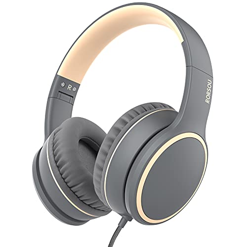 RORSOU R10 Over-Ear Headphones with Microphone, Lightweight Folding Stereo Bass Headset with 1.5M No-Tangle Cord, Portable Wired Headphones for Smartphone Tablet Computer MP3 / 4 (Grey) - Image 1