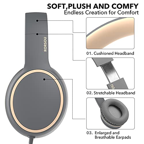 RORSOU R10 Over-Ear Headphones with Microphone, Lightweight Folding Stereo Bass Headset with 1.5M No-Tangle Cord, Portable Wired Headphones for Smartphone Tablet Computer MP3 / 4 (Grey) - Image 4