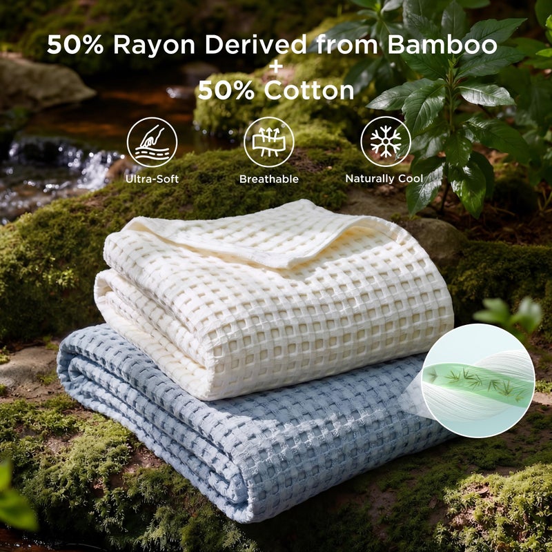 Bedsure Cooling Cotton Waffle Queen Size Blanket - Lightweight Breathable Summer Blanket of Rayon Derived from Bamboo for Hot Sleepers, Luxury Throws for Bed, Couch and Sofa, Dusty Blue, 90x90 Inches - Image 2