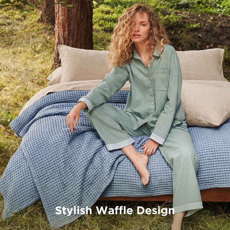 Bedsure Cooling Cotton Waffle Queen Size Blanket - Lightweight Breathable Summer Blanket of Rayon Derived from Bamboo for Hot Sleepers, Luxury Throws for Bed, Couch and Sofa, Dusty Blue, 90x90 Inches - Image 5