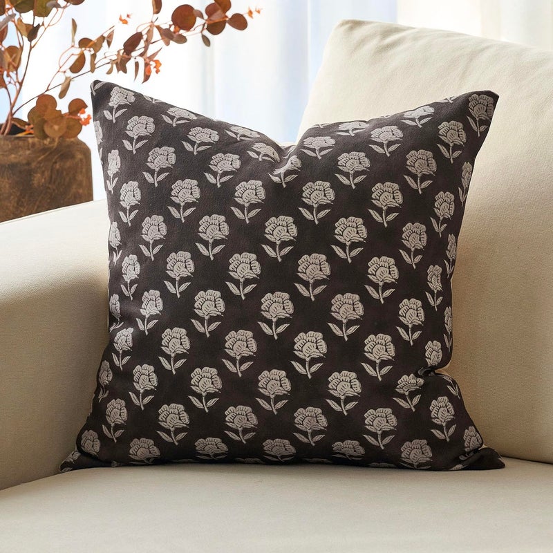 DOMVITUS Floral Pillow Covers 18x18 Throw Pillow Covers Decorative Block Floral Print Vintage Pillow Cover for Living Room Couch Bed, Black, 1PC - Image 1