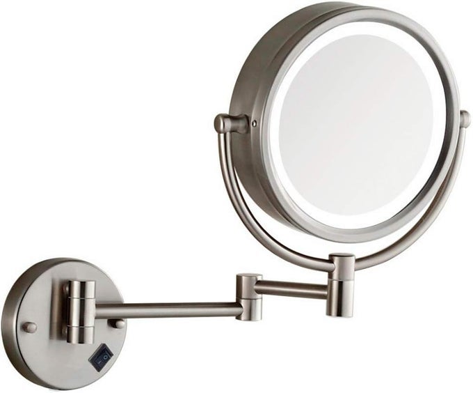 MAKEUP MIRROR WALL MOUNT LIGHTED WITH 10X MAGNIFICATION DIRECT WIRE8INCH CORDLESS NOT BATTERIES OPERATED HARDWIRE BRUSHED NICKEL