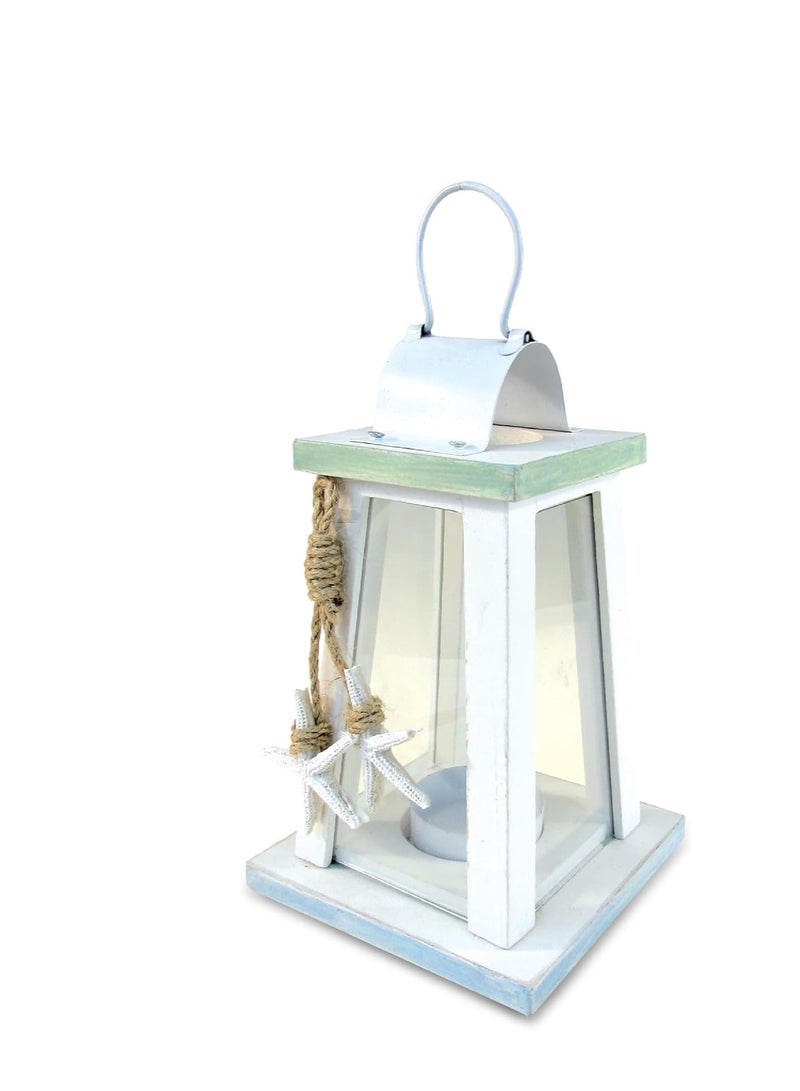 Puzzled Wooden Beach Lantern - White Wood Metal Lanterns with Starfish Rope Accents 6.75 Inch Distressed Hanging and Tabletop Rustic Candle Holder - Unique Home Decor Coastal Lamp - Item 9441-10