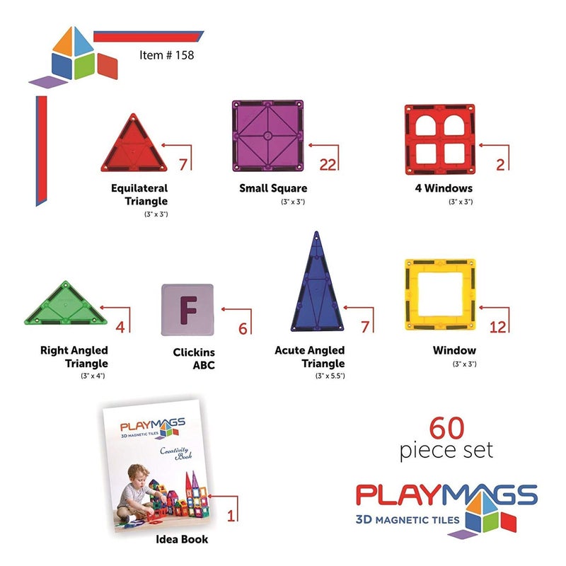 Playmags Magnetic Tiles for Kids 60 Pc Magnet Blocks with ABC Clickins STEM Development Building Toys for Boys Girls  Toddlers - Image 3