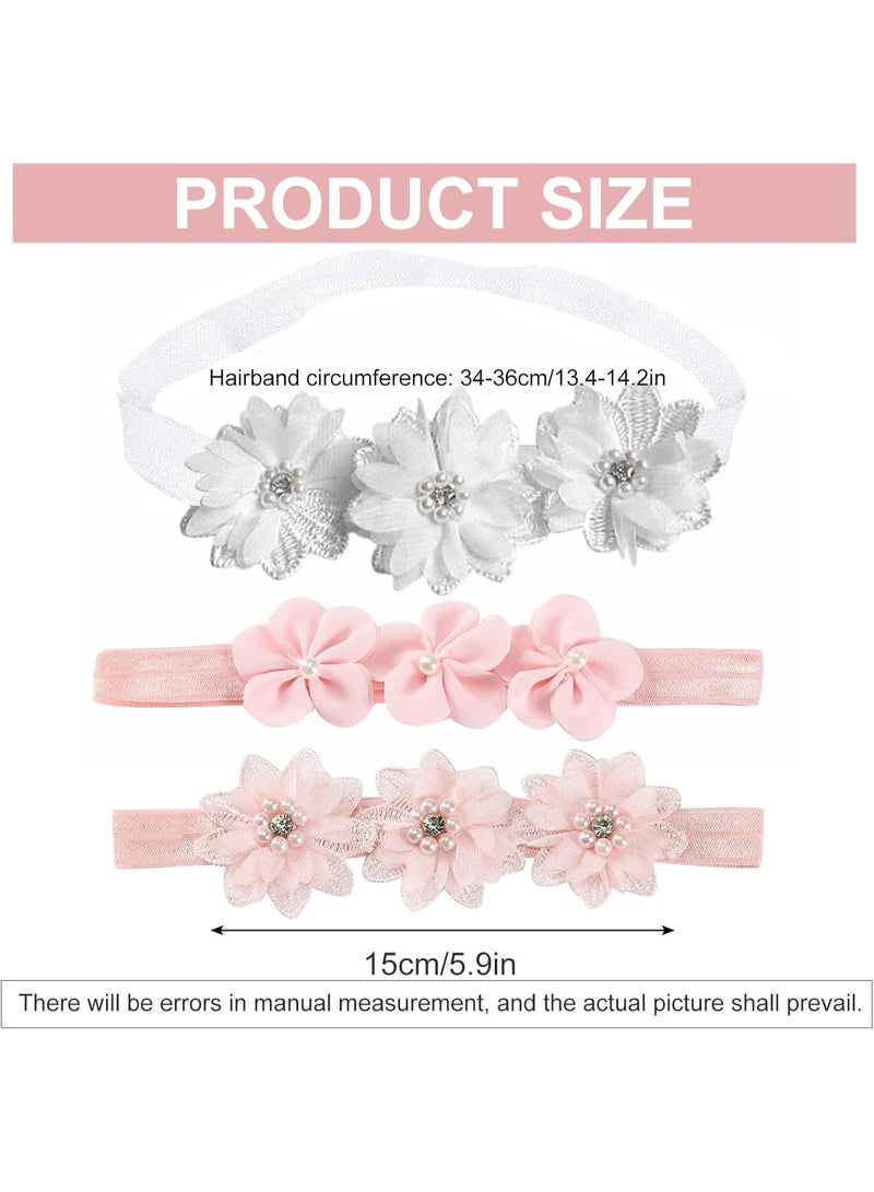 KADRAMA 3Pcs Baby Girl Headbands Flowers, Lace Flower Pearls Baby Headband, Baby Girl Headbands, Super Soft & Stretchy Nylon Floral Hairbands, Flower Hair Accessories Baby Girl Gift, for Newborn Toddler - Image 3