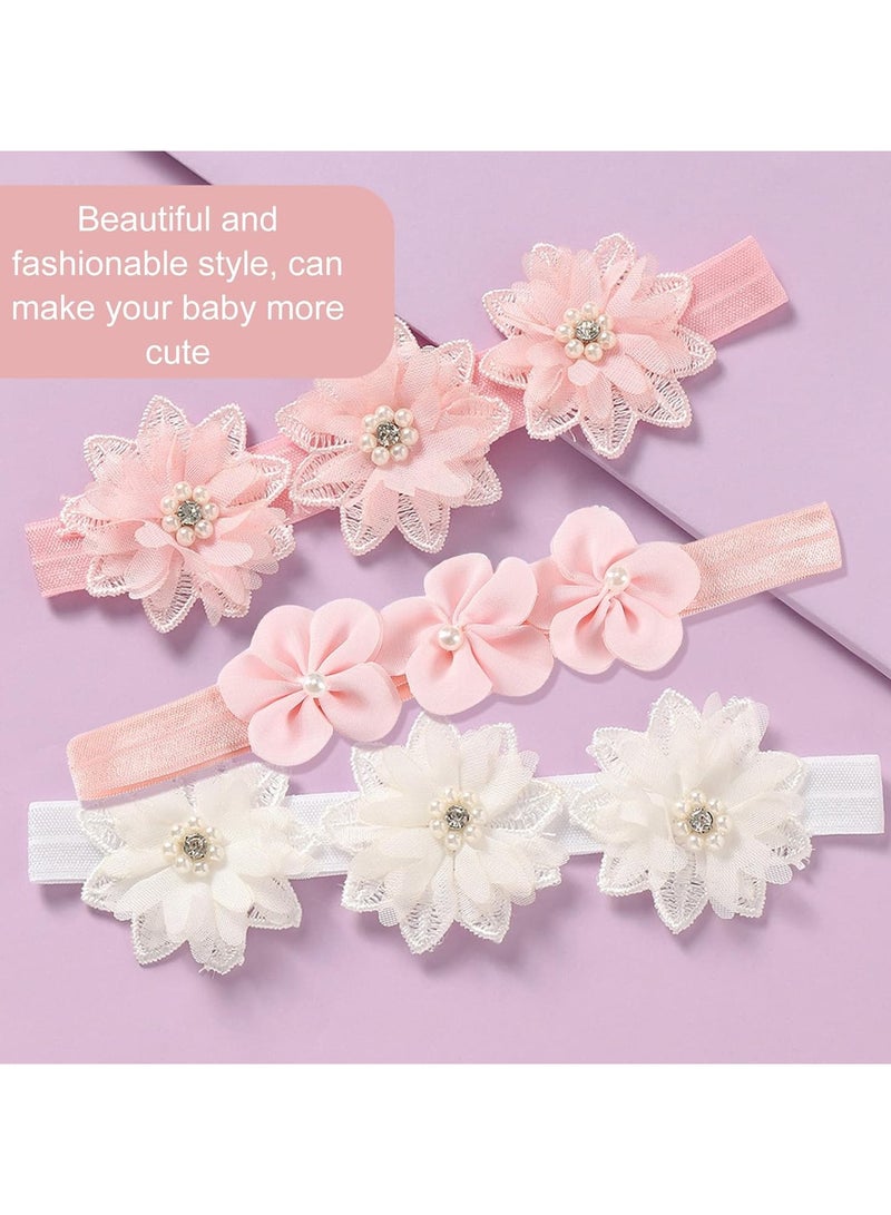 KADRAMA 3Pcs Baby Girl Headbands Flowers, Lace Flower Pearls Baby Headband, Baby Girl Headbands, Super Soft & Stretchy Nylon Floral Hairbands, Flower Hair Accessories Baby Girl Gift, for Newborn Toddler - Image 5