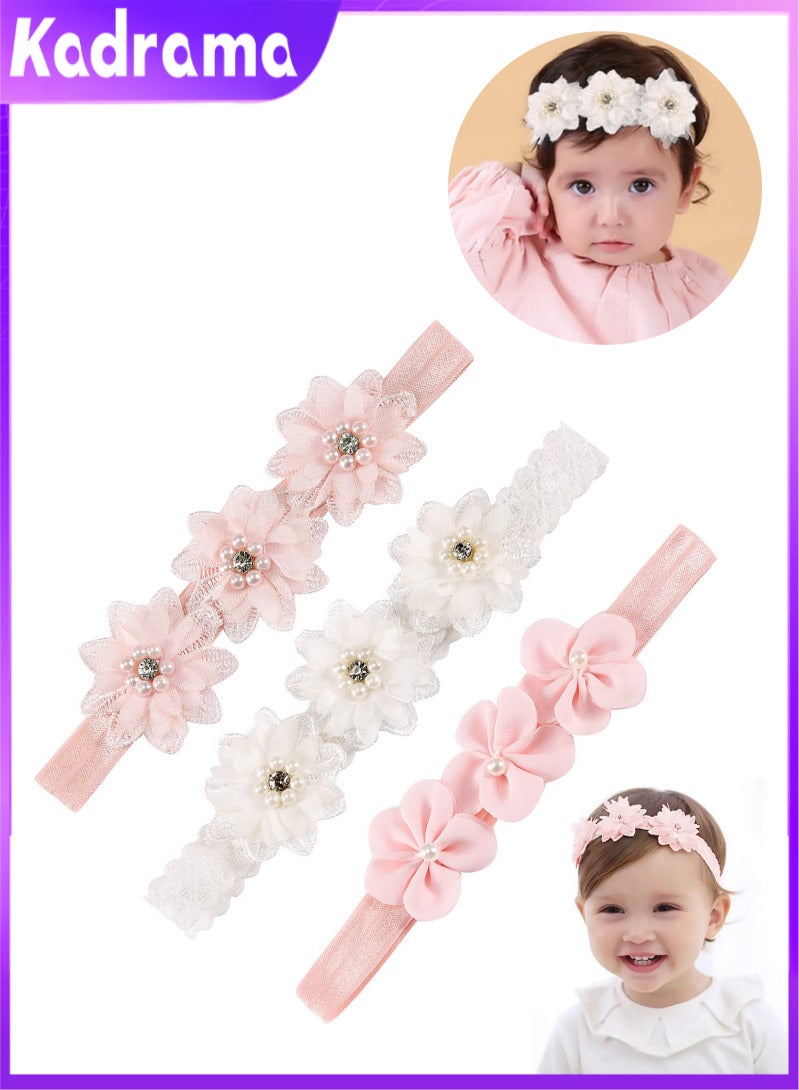 KADRAMA 3Pcs Baby Girl Headbands Flowers, Lace Flower Pearls Baby Headband, Baby Girl Headbands, Super Soft & Stretchy Nylon Floral Hairbands, Flower Hair Accessories Baby Girl Gift, for Newborn Toddler - Image 1