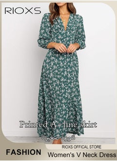RIOXS Women's V Neck Lantern Sleeve Chiffon Floral Long Dress Floral Printed A-Line Casual Button High Waist Summer Beach Dress  - Image 2