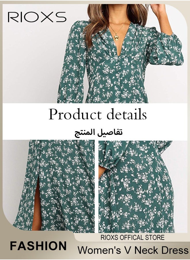RIOXS - Women's V Neck Lantern Sleeve Chiffon Floral Long Dress Floral Printed A-Line Casual Button High Waist Summer Beach Dress - Image 1