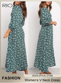 RIOXS Women's V Neck Lantern Sleeve Chiffon Floral Long Dress Floral Printed A-Line Casual Button High Waist Summer Beach Dress  - Image 5