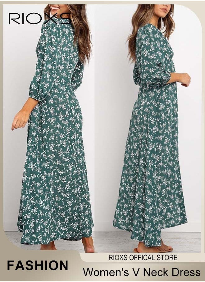 RIOXS - Women's V Neck Lantern Sleeve Chiffon Floral Long Dress Floral Printed A-Line Casual Button High Waist Summer Beach Dress - Image 1