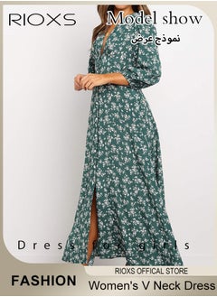 RIOXS Women's V Neck Lantern Sleeve Chiffon Floral Long Dress Floral Printed A-Line Casual Button High Waist Summer Beach Dress  - Image 4