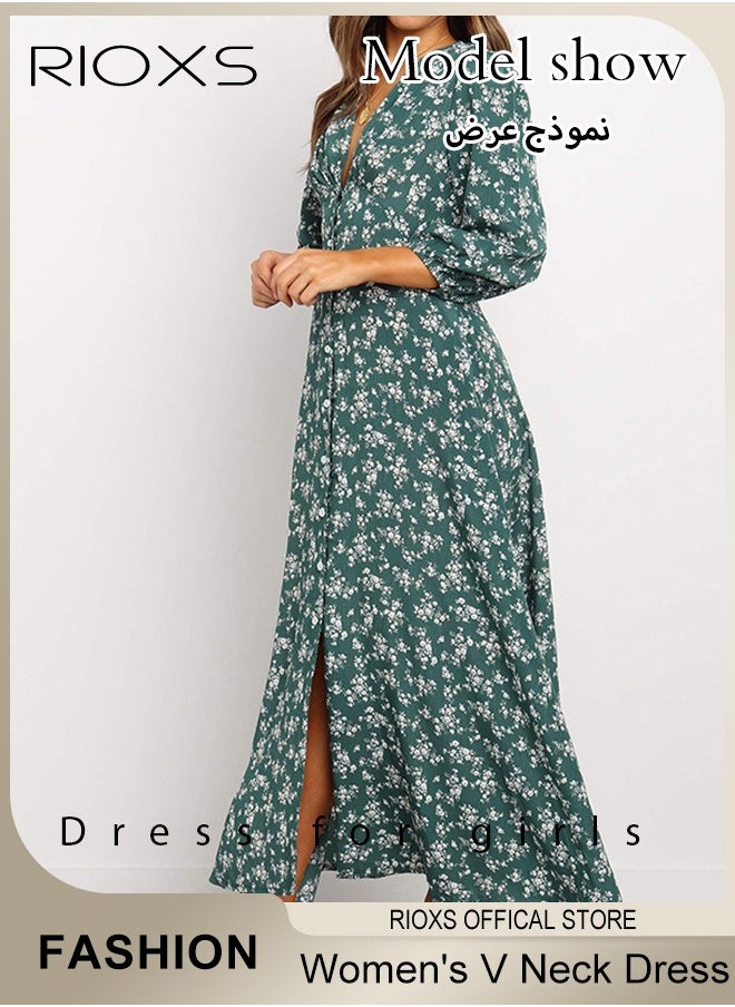 RIOXS - Women's V Neck Lantern Sleeve Chiffon Floral Long Dress Floral Printed A-Line Casual Button High Waist Summer Beach Dress - Image 1