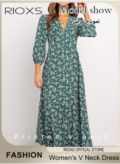 RIOXS Women's V Neck Lantern Sleeve Chiffon Floral Long Dress Floral Printed A-Line Casual Button High Waist Summer Beach Dress  - Image 3