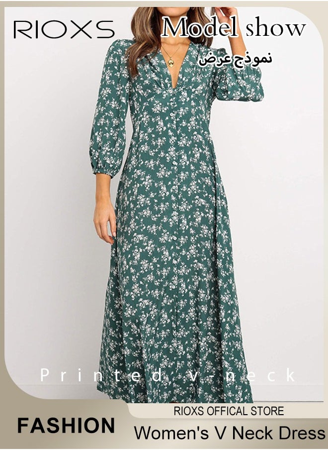 RIOXS - Women's V Neck Lantern Sleeve Chiffon Floral Long Dress Floral Printed A-Line Casual Button High Waist Summer Beach Dress - Image 1