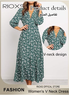 RIOXS Women's V Neck Lantern Sleeve Chiffon Floral Long Dress Floral Printed A-Line Casual Button High Waist Summer Beach Dress  - Image 1