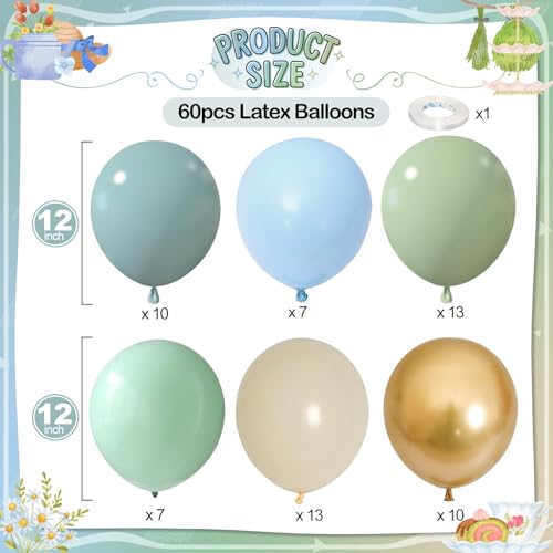 Paeyeq Dusty Blue Green Balloons 60 Pcs 12 Inch Haze Fog Blue Sage Green Balloons with Sand White Metallic Gold Balloon for Boho Baby Shower Wedding Birthday Engagement Bridal Shower Party Decoration - Image 5