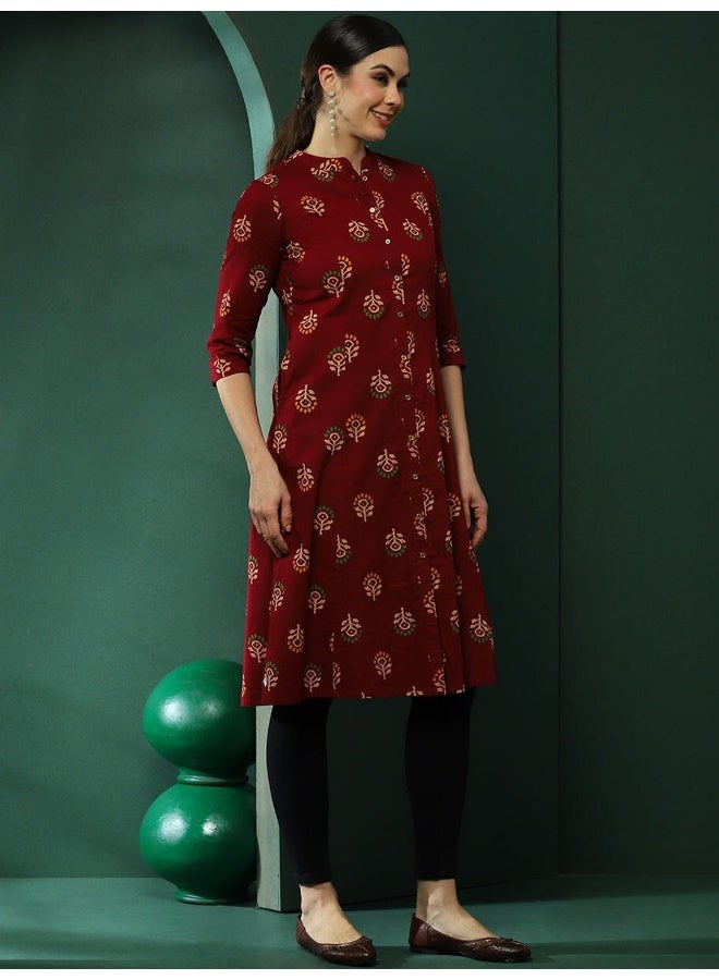AKS Maroon Floral Printed Button Down Kurta - Image 3