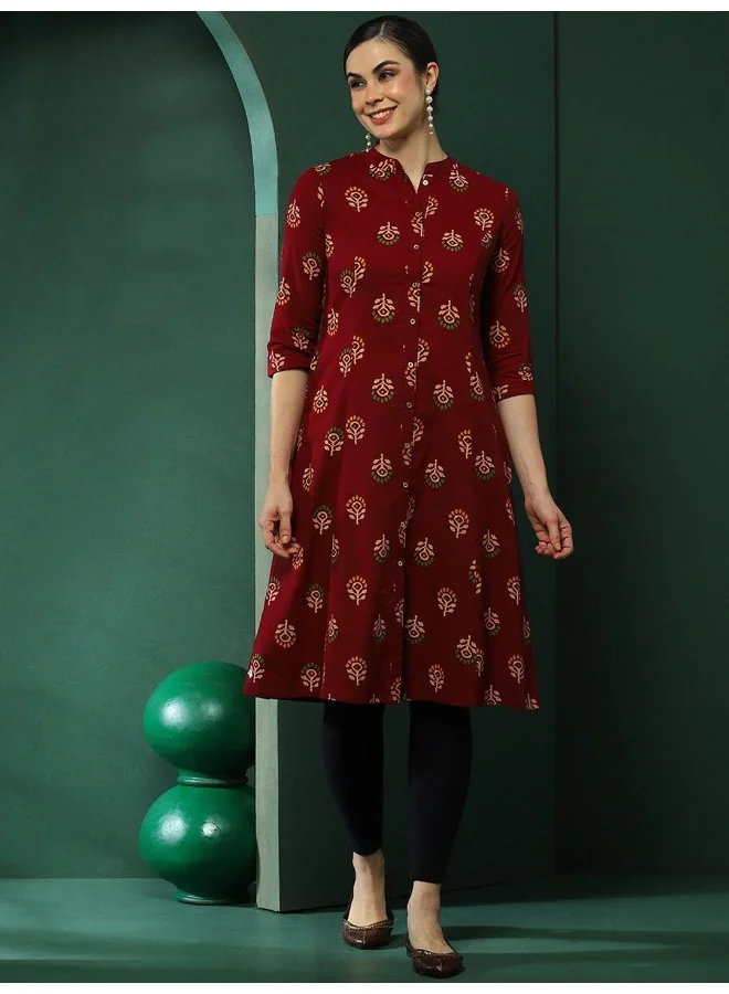 AKS Maroon Floral Printed Button Down Kurta