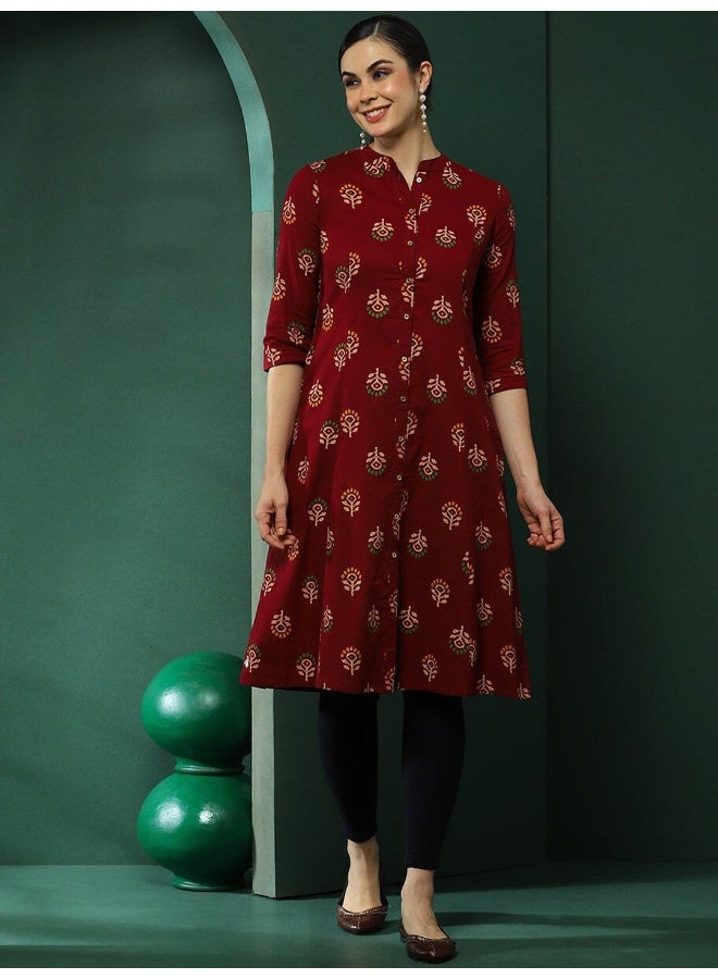 AKS Maroon Floral Printed Button Down Kurta - Image 1