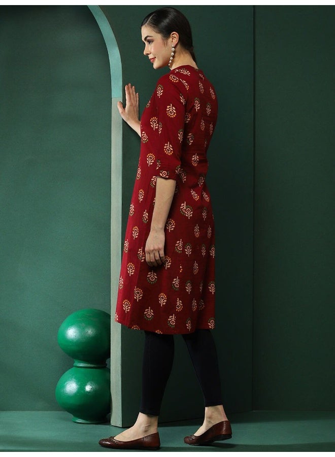 AKS Maroon Floral Printed Button Down Kurta - Image 4