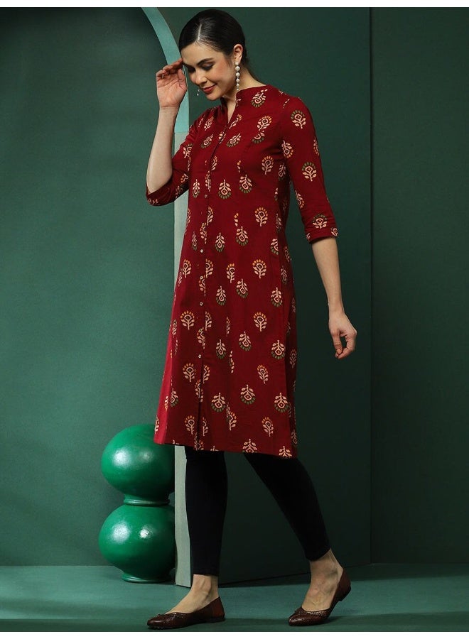 AKS Maroon Floral Printed Button Down Kurta - Image 5