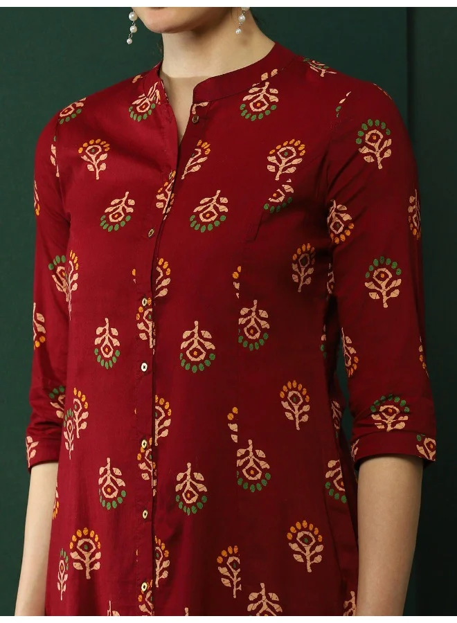 AKS Maroon Floral Printed Button Down Kurta