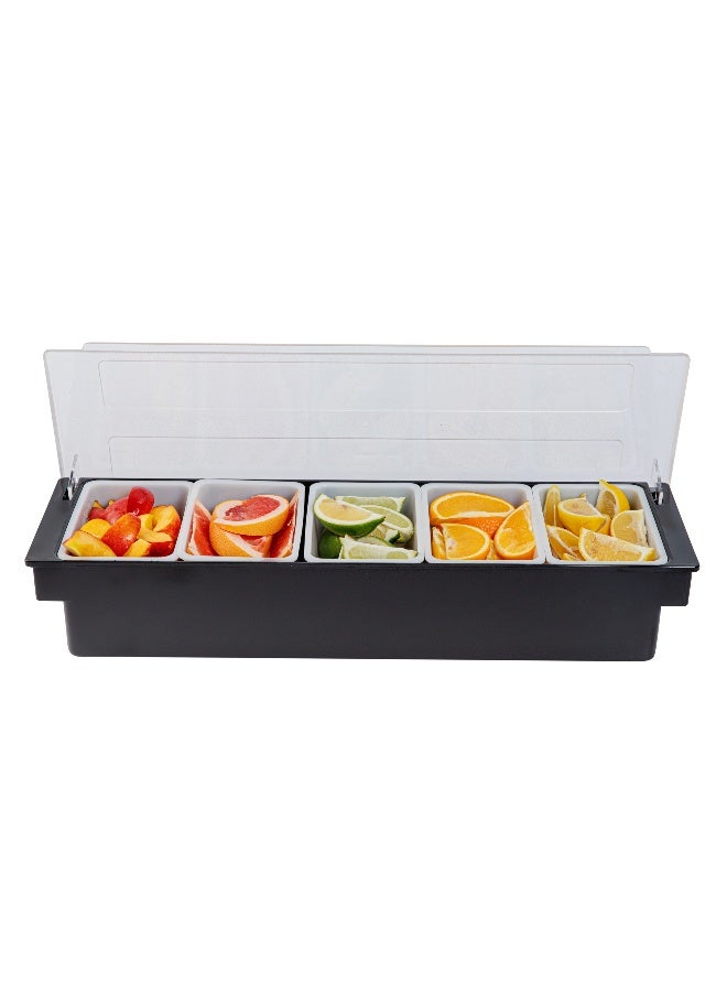 Restaurantware Bar Lux 19.6 x 6.3 x 3.7 Inch Condiment Caddy, 1 Durable Bar Caddy - 5 Removable Compartments, Built-In Lid, Black Plastic Condiment Holder, For Restaurant, Store Cocktail Garnish - Image 2