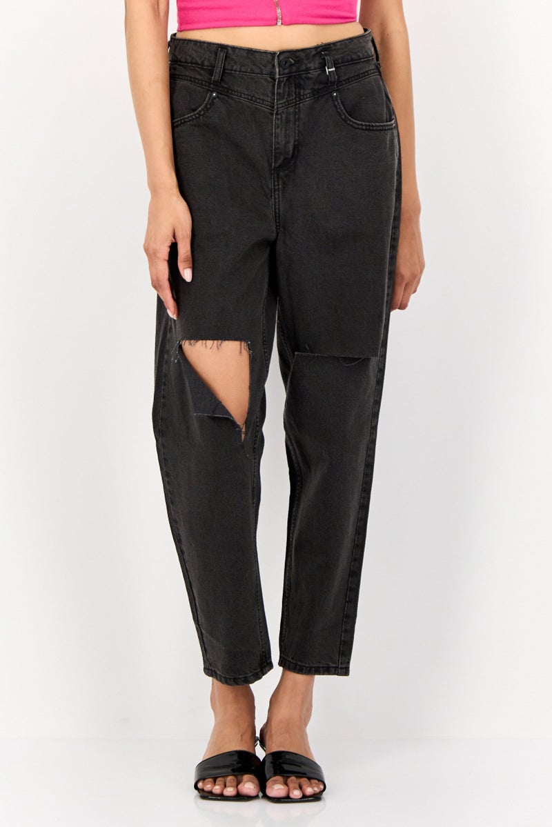 ONLY Women Carrot Fit Distressed Non Stretch Denim Jeans, Washed Black  - Image 1