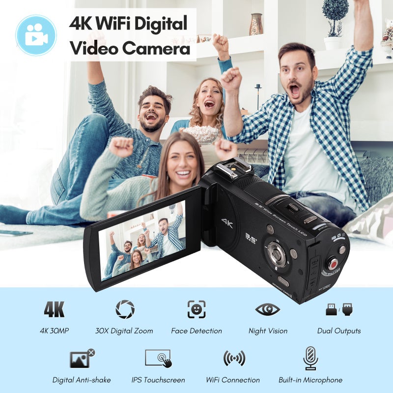 ORDRO HDR-AX10 4K Digital Video Camera WiFi Camcorder DV Recorder 3.5 Inch IPS Touch Panel 30MP 30X Digital Zoom Face Detection IR Night Vision Anti-shake with Remote Control Carry Bag Battery - Image 3