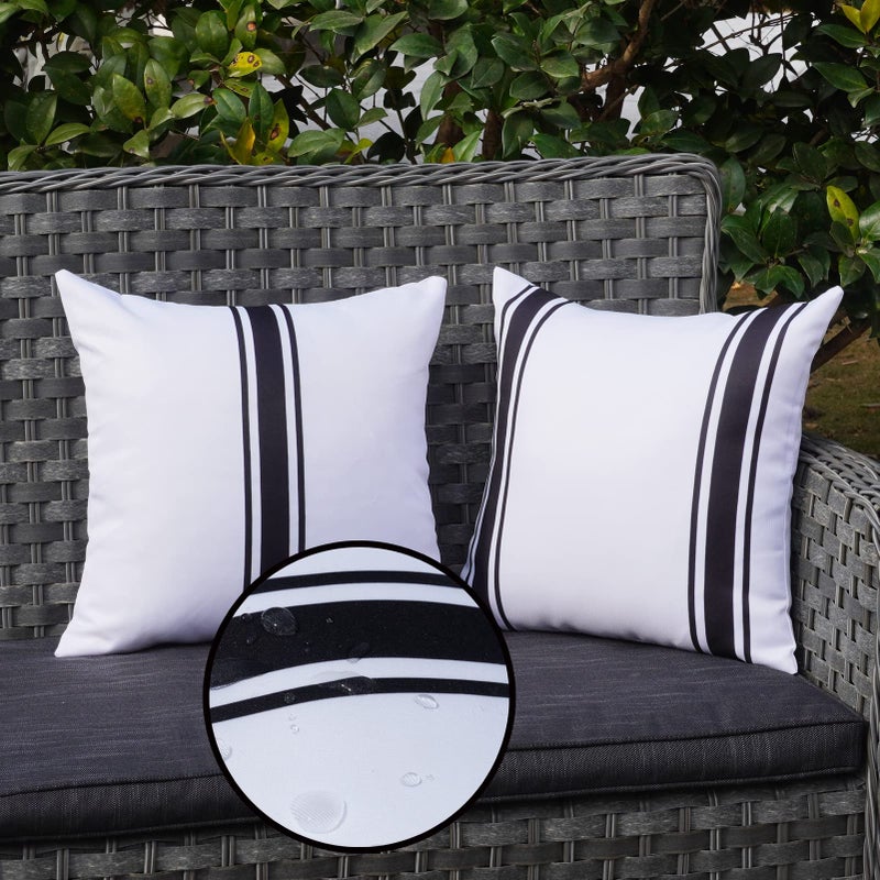 ONWAY Outdoor Pillow Covers 16x16 Waterproof Set of 2 Decorative Throw Cushion Cover White and Black Striped Outdoor Pillows for Patio Furniture