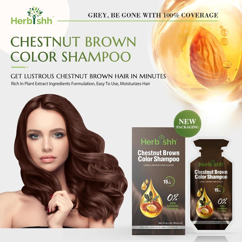 Herbishh Hair Color Shampoo 30ml x 10 Sachet + 1 Argan Hair Mask Pouch 25ml | 3 in 1 Hair Dye | Easy to Use | Gray Coverage | Travel Size | Chestnut Brown - Image 5