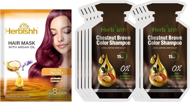 Herbishh Hair Color Shampoo 30ml x 10 Sachet + 1 Argan Hair Mask Pouch 25ml | 3 in 1 Hair Dye | Easy to Use | Gray Coverage | Travel Size | Chestnut Brown - Image 1