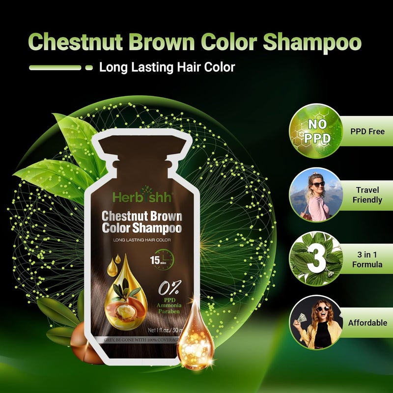 Herbishh Hair Color Shampoo 30ml x 10 Sachet + 1 Argan Hair Mask Pouch 25ml | 3 in 1 Hair Dye | Easy to Use | Gray Coverage | Travel Size | Chestnut Brown - Image 2