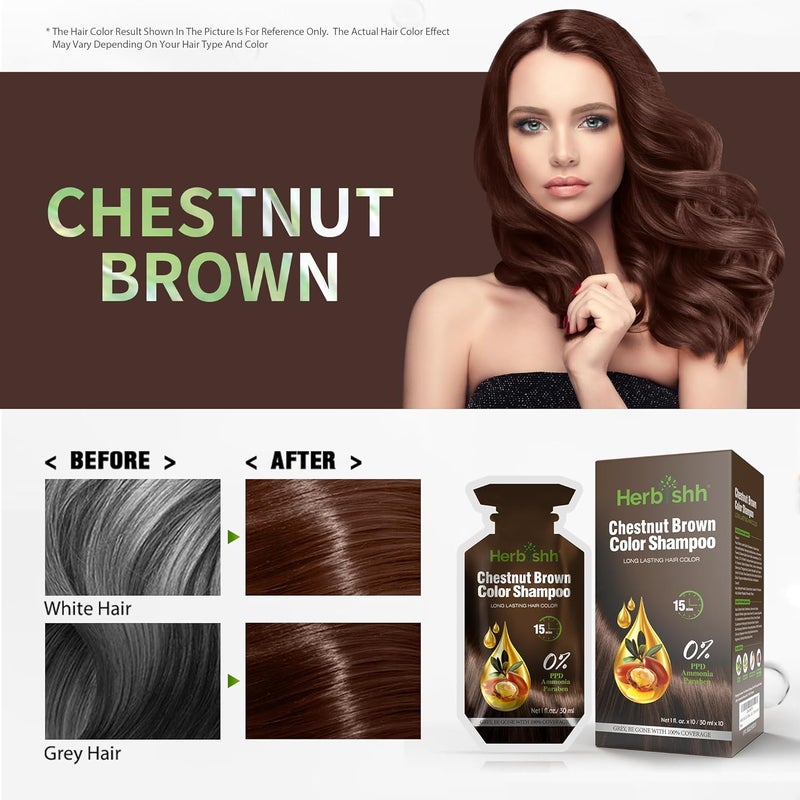 Herbishh Hair Color Shampoo 30ml x 10 Sachet + 1 Argan Hair Mask Pouch 25ml | 3 in 1 Hair Dye | Easy to Use | Gray Coverage | Travel Size | Chestnut Brown - Image 3