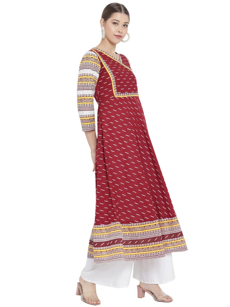 Yash Gallery Women's Cotton Slub Ikat Printed Regular Fit Flared 3/4 Sleeve and V-Neck Anarkali Kurtan (Maroon, X-Large) - Image 3