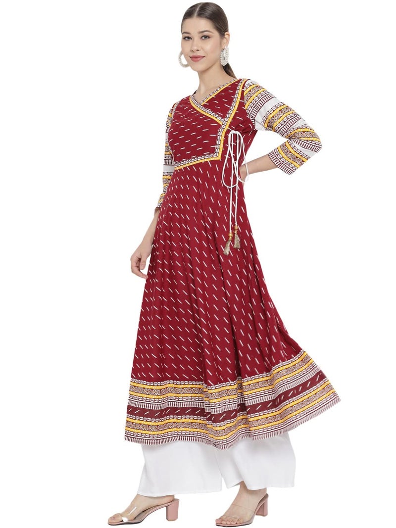 Yash Gallery Women's Cotton Slub Ikat Printed Regular Fit Flared 3/4 Sleeve and V-Neck Anarkali Kurtan (Maroon, X-Large) - Image 2