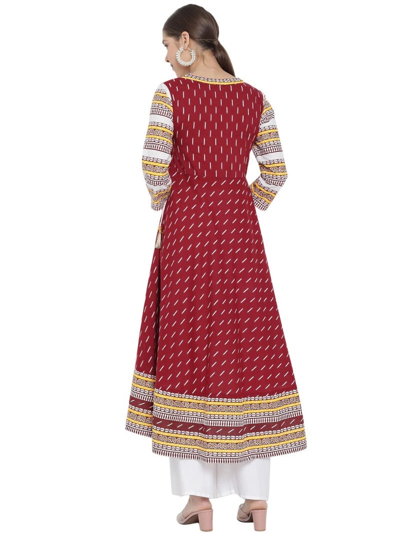 Yash Gallery Women's Cotton Slub Ikat Printed Regular Fit Flared 3/4 Sleeve and V-Neck Anarkali Kurtan (Maroon, X-Large) - Image 4