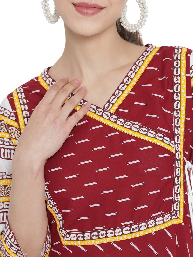 Yash Gallery Women's Cotton Slub Ikat Printed Regular Fit Flared 3/4 Sleeve and V-Neck Anarkali Kurtan (Maroon, X-Large) - Image 5