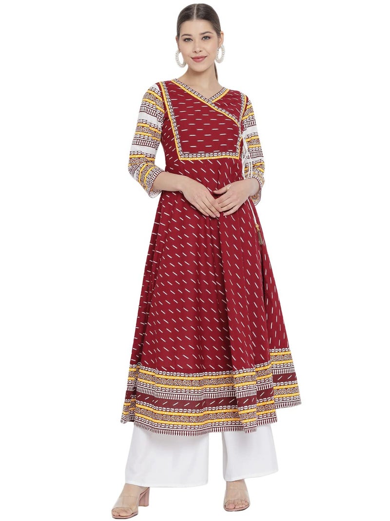 Yash Gallery Women's Cotton Slub Ikat Printed Regular Fit Flared 3/4 Sleeve and V-Neck Anarkali Kurtan (Maroon, X-Large) - Image 1