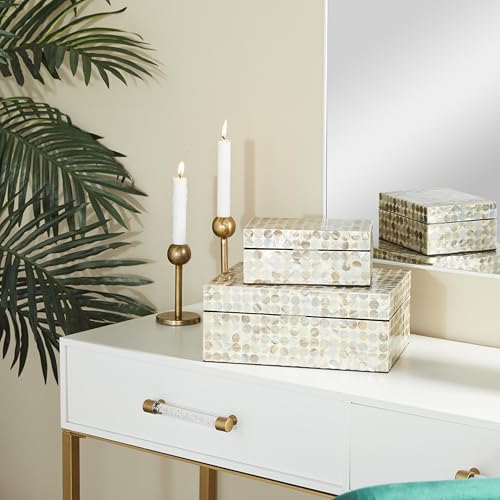 Deco 79 Mother of Pearl Shell Geometric Handmade Decorative Box Decorative Keepsake Boxes with Hinged Lid, Set of 2 Storage Boxes 12", 8"W, Cream - Image 3