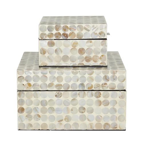 Deco 79 Mother of Pearl Shell Geometric Handmade Decorative Box Decorative Keepsake Boxes with Hinged Lid, Set of 2 Storage Boxes 12", 8"W, Cream - Image 2