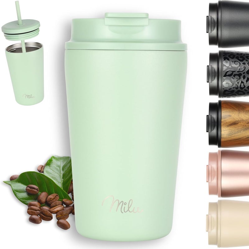 Milu Thermal Mug 400 ml, 100% Leak-Proof, Stainless Steel Coffee Mug to Go, Insulated with Straw, Keeps Hot for 10 Hours/Cold for 20 Hours, BPA-Free (Lily Green, 400 ml) - Image 1