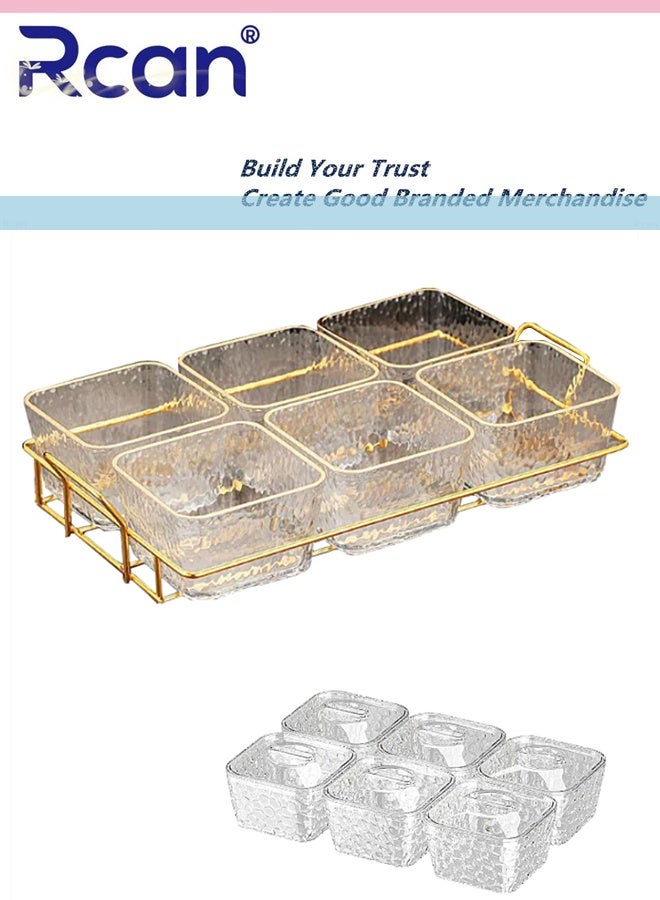 ركان صينية تقديم الوجبات الخفيفة مع غطاء، مجموعة من 6 حاويات تقديم الحلوى والمكسرات الشفافة مع رف معدني، طبق مقبلات بلاستيكي، منظم تخزين المخللات، أوعية عرض الطعام للخضروات والحلوى والفواكه - Image 1