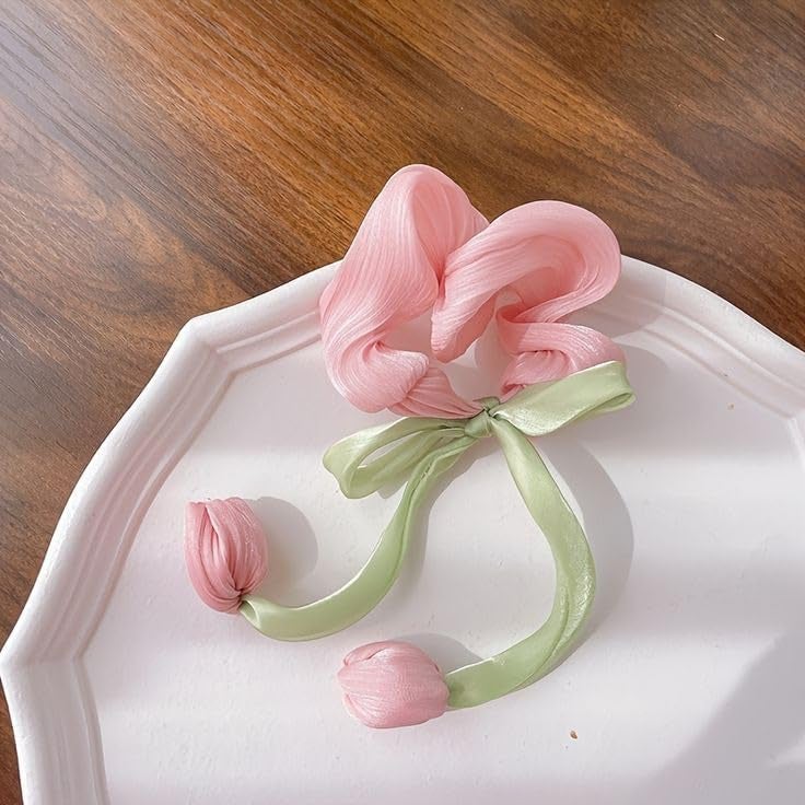 Floral Hair Scrunchies with Tulip Accents Pastel Purple Pink Cream Green Design Set of 3hair accessories for women girls gifts for female organza hair tie ponytail - Image 3