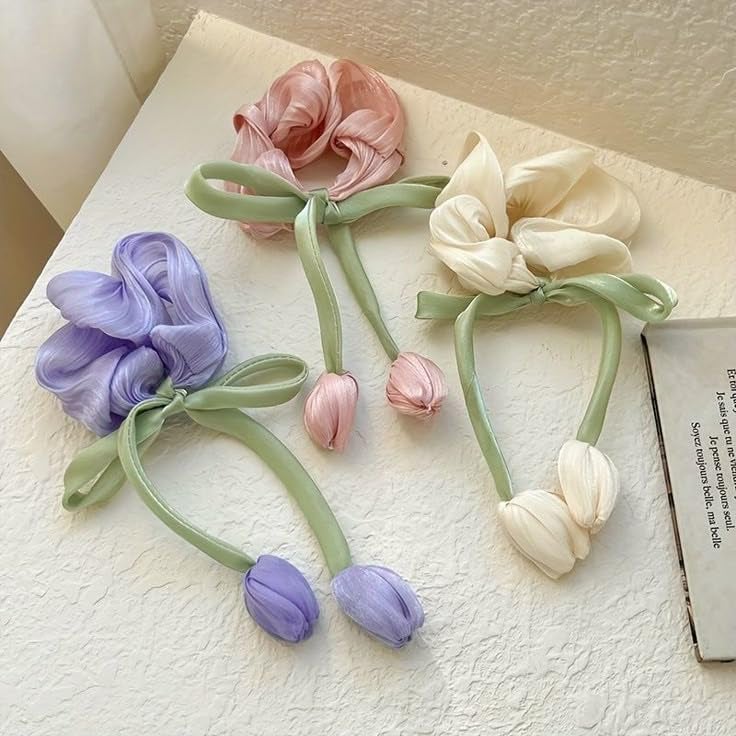Floral Hair Scrunchies with Tulip Accents Pastel Purple Pink Cream Green Design Set of 3hair accessories for women girls gifts for female organza hair tie ponytail - Image 1