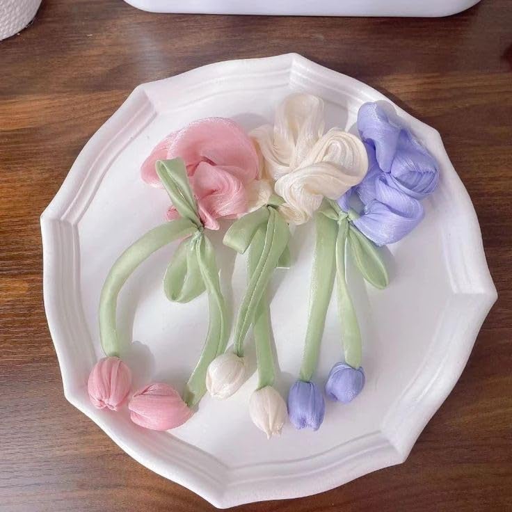 Floral Hair Scrunchies with Tulip Accents Pastel Purple Pink Cream Green Design Set of 3hair accessories for women girls gifts for female organza hair tie ponytail - Image 2