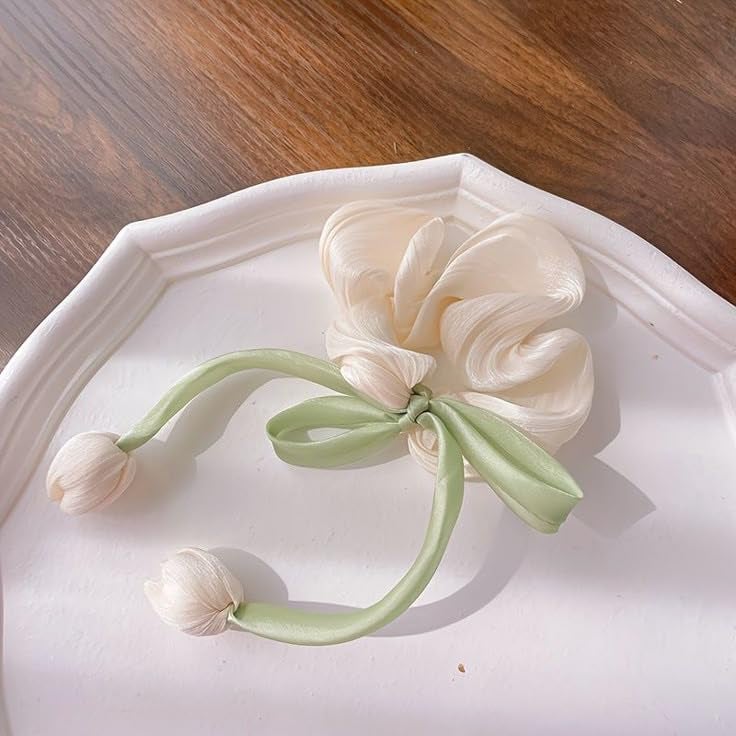 Floral Hair Scrunchies with Tulip Accents Pastel Purple Pink Cream Green Design Set of 3hair accessories for women girls gifts for female organza hair tie ponytail - Image 5