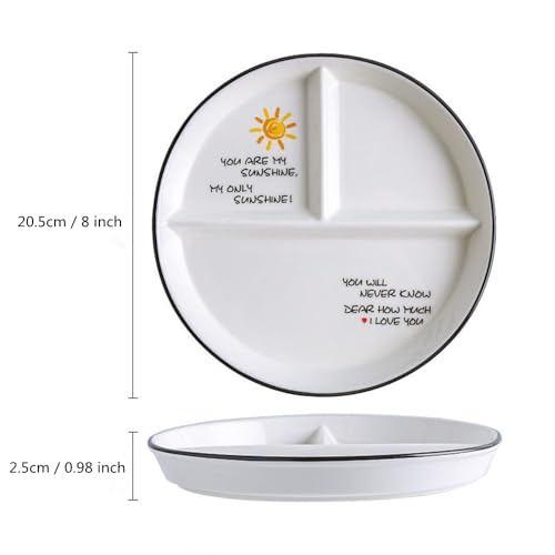 OnePine 1Pcs Ceramic Portion Control Plate Porcelain Healthy Eating Plate 8 inch Round Diet Plates Divided Plates Porcelain Dinner Plates with 3 Compartment for Dessert Salad Pasta and Steak etc - Image 3